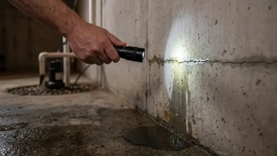 Flashlight on a damp crack in a poured concrete basement wall beside a sump pit