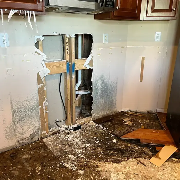 Kitchen wall opened to the studs and supply pipes with a soaked, broken floor below
