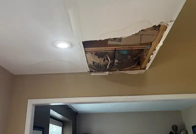 Ceiling drywall cut open to reach wet framing after a leak from the floor above