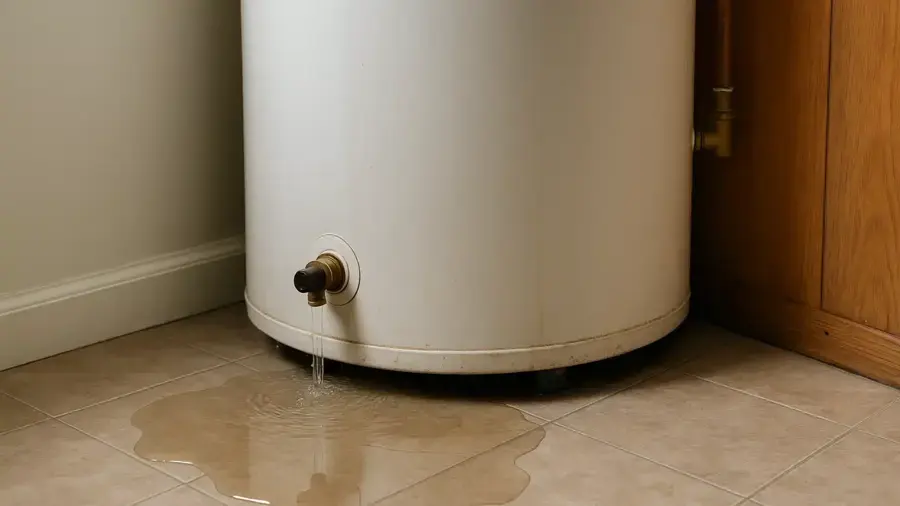 Tank water heater with a puddle spreading across the floor around its base